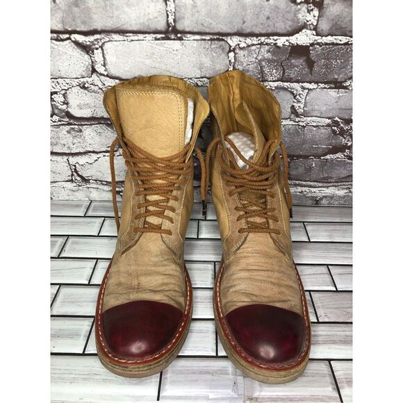 Dry-ShoD Italian Handmade Tan Leather Red Lace Up Combat Boots Men Sz 7M US/40EU - Picture 2 of 16